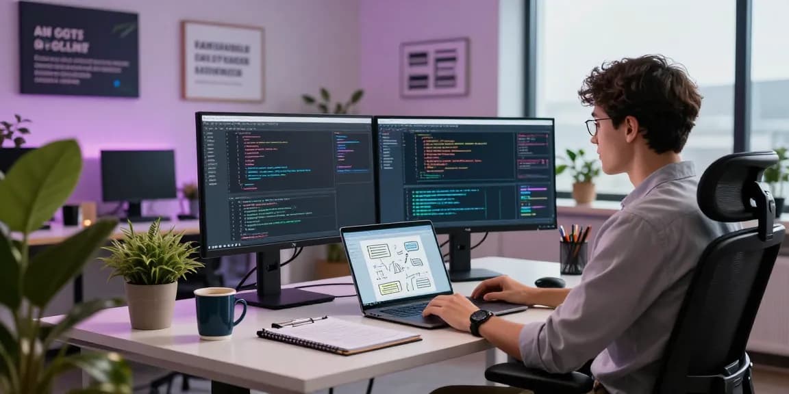 Dynamic workspace showcasing a developer coding for AI agents with dual monitors and modern tech tools.