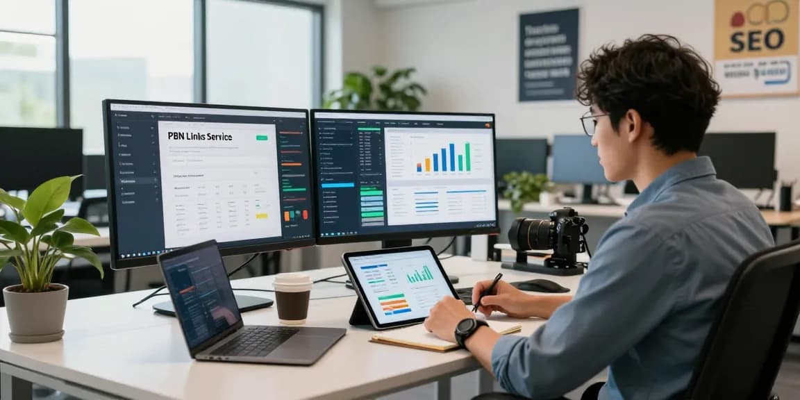 Professional analyzing the best pbn links service in a modern digital marketing workspace.
