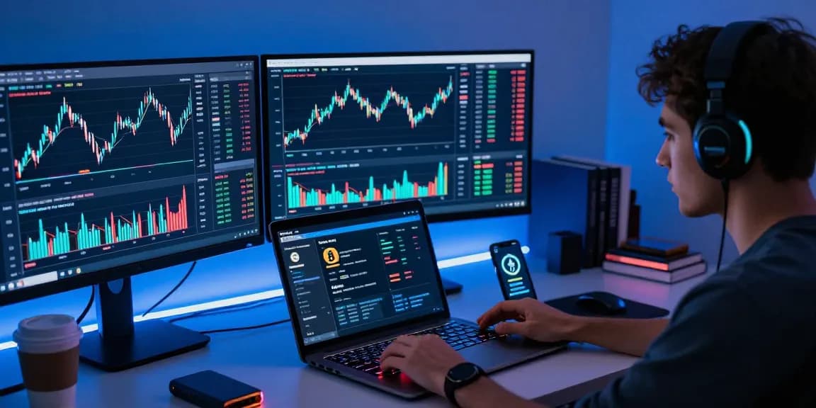 Play exchange focused cryptocurrency trading setup with live Bitcoin and Ethereum charts, showcasing the secure management of digital assets.