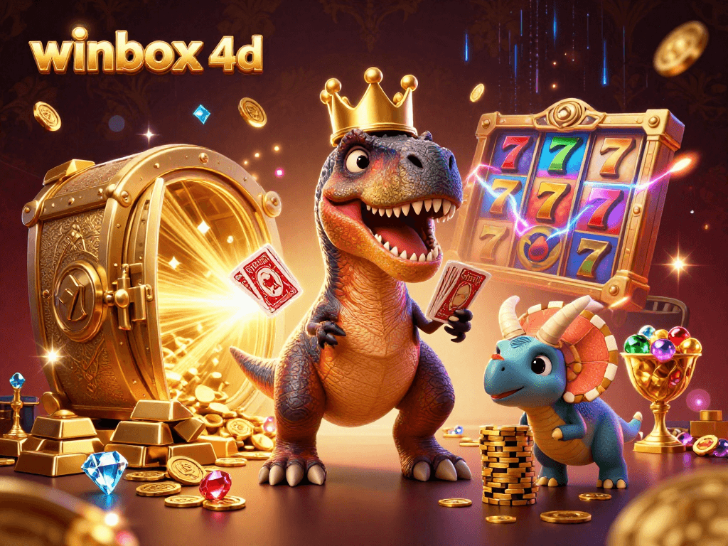 Winbox 4D brings excitement with a playful T-Rex shuffling cards and a triceratops stacking chips.
