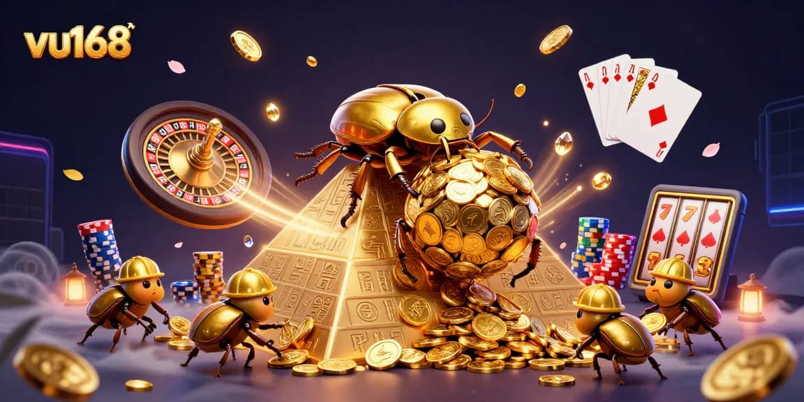 Experience thrilling gameplay at vu168 with a golden beetle and casino symbols in a vibrant 3D scene.