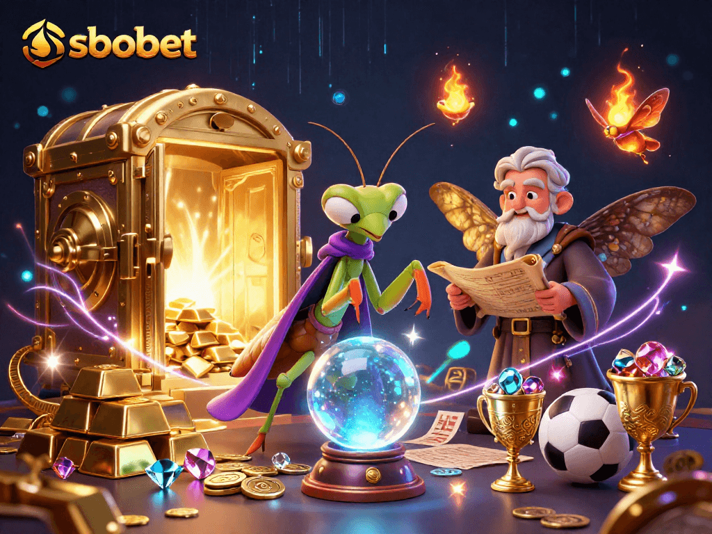 SBOBET sports betting scene with a mystical fortune teller and gambling elements.