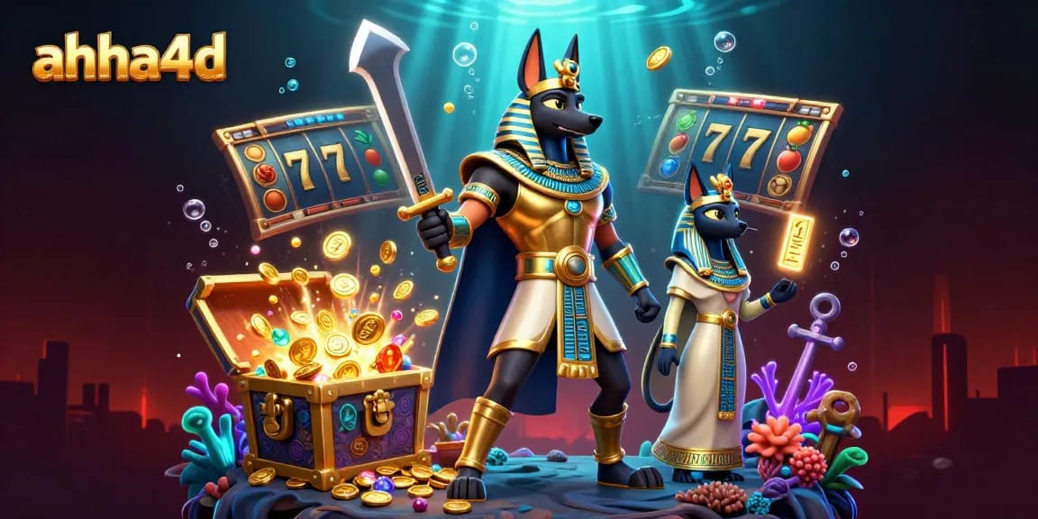Menangkan hadiah jackpot di ahha4d sambil dikelilingi oleh simbol slot dan harta karun yang bersinar