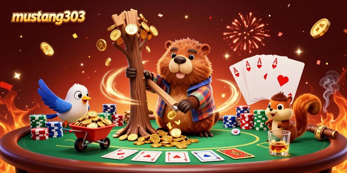 Engage with mustang303’s thrilling poker scene featuring a beaver celebrating with golden coins.