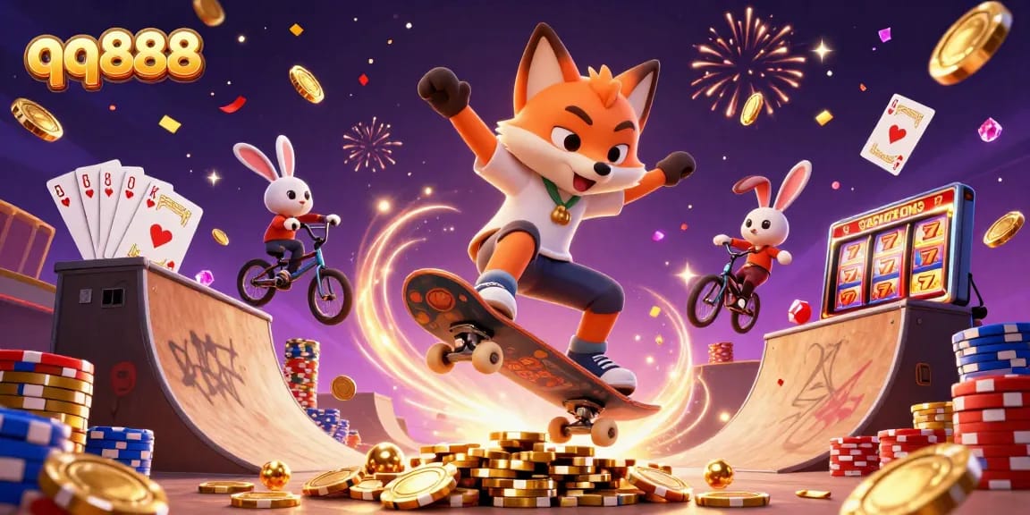 Experience the thrill of qq888 with dynamic casino action featuring a skateboarder fox and BMX rabbit.