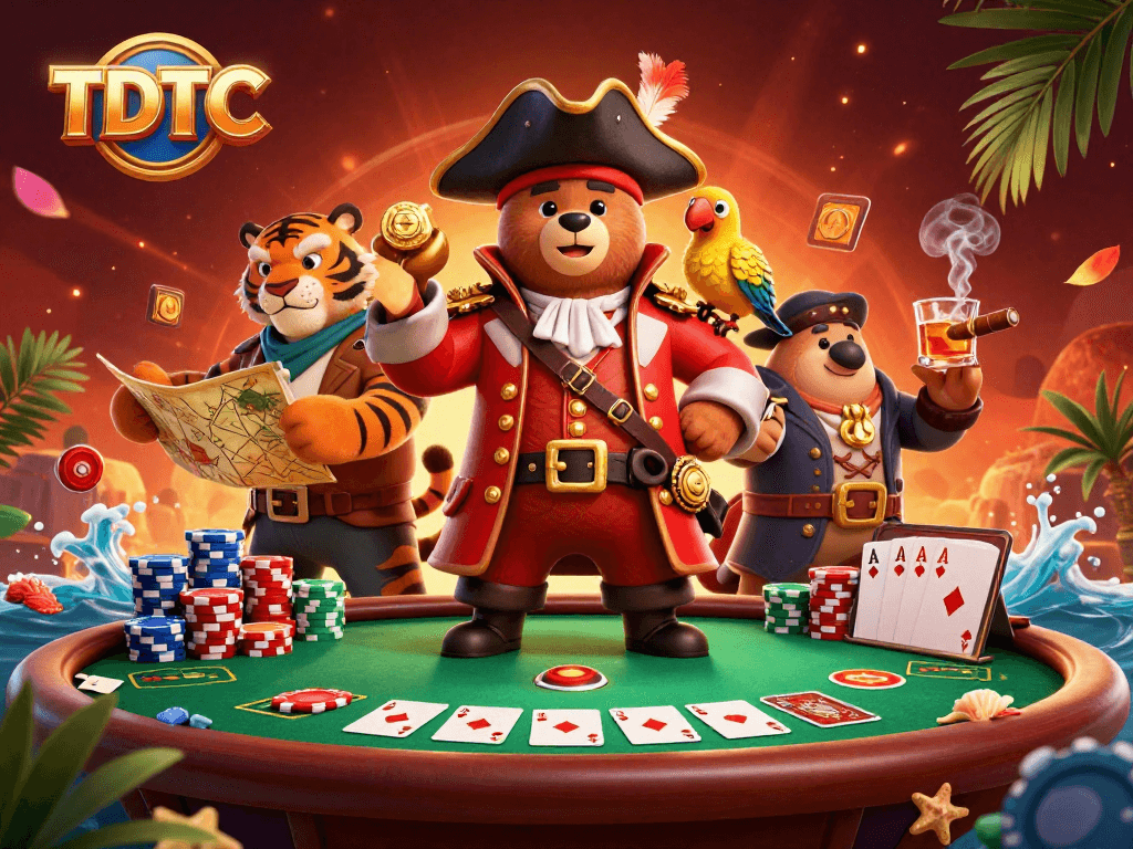 Experience thrilling poker excitement with TDTC's pirate-themed gaming illustration, featuring vibrant characters and gameplay.
