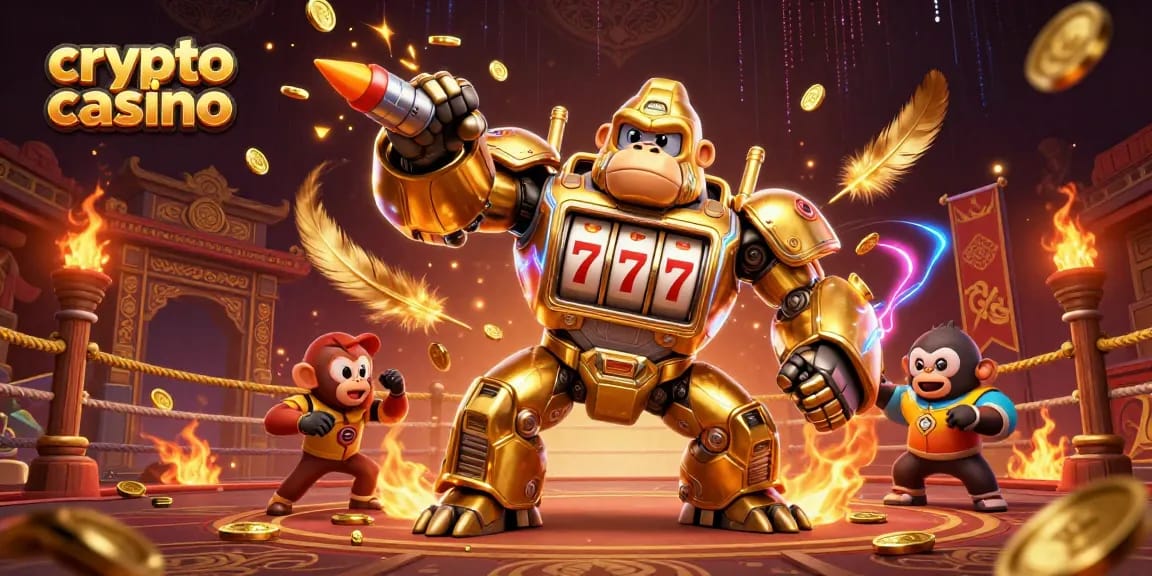 Engage in thrilling action at a crypto casino with dynamic 3D characters and vibrant visuals.