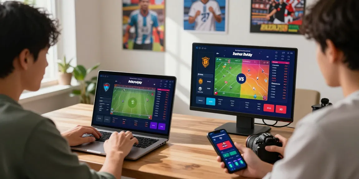 Engaging scene of Taruhan Mix Parlay Bola88 betting with enthusiastic players analyzing matches on multiple devices.