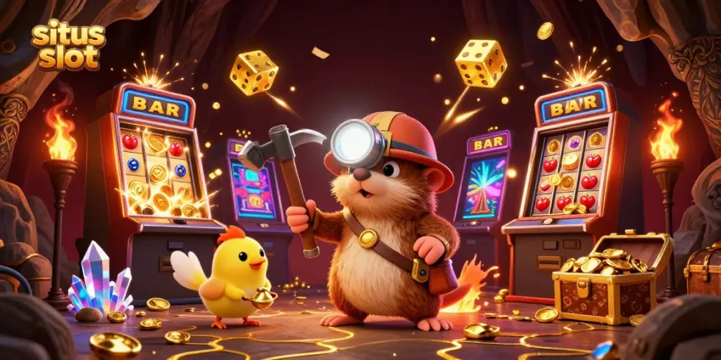 Permainan slot situs slot yang menarik dengan karakter pemandu dan harta karun bersinar dalam ilustrasi 3D.