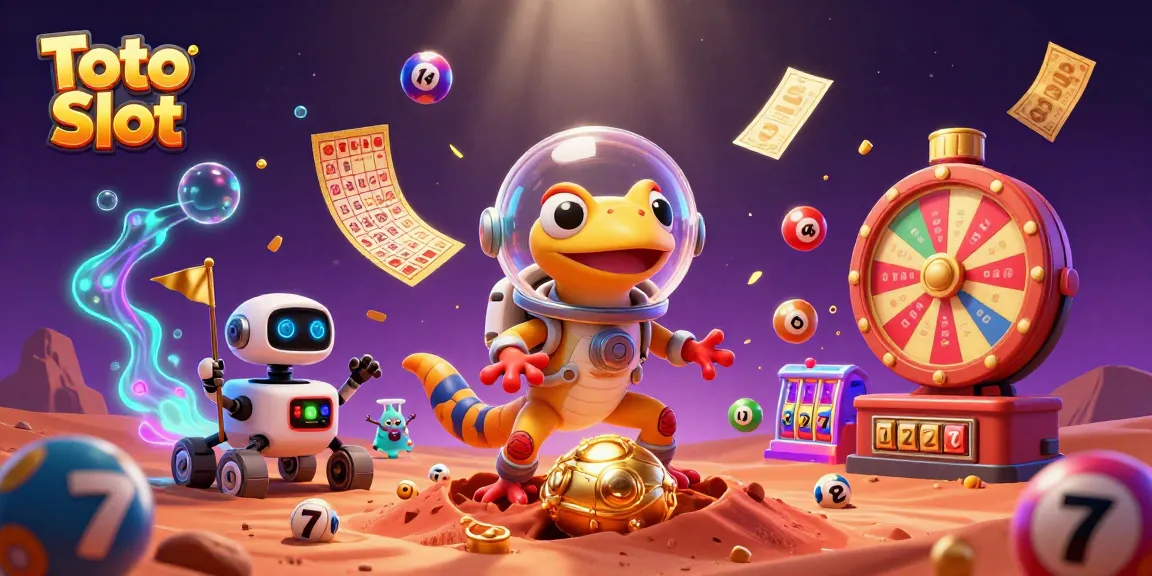Engage in exciting Toto Slot adventures with cartoon Martian gecko in a dynamic casino scene.