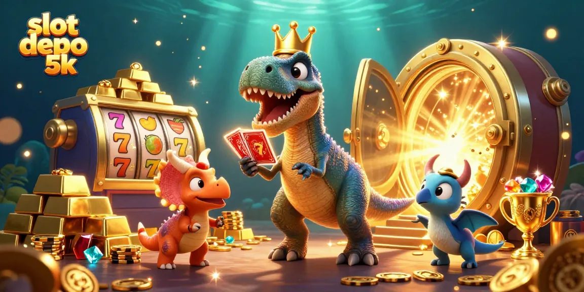 Engage in thrilling action with slot depo 5k, featuring playful dinosaurs and vibrant casino elements.