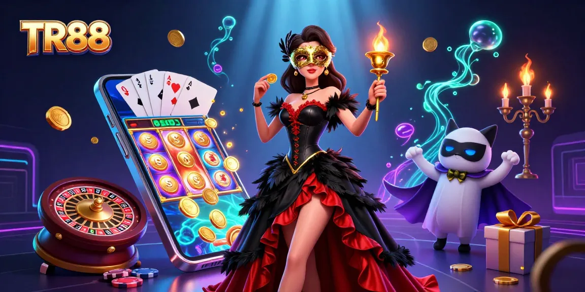Experience TR88 with thrilling slot games and engaging casino elements in this vibrant illustration.
