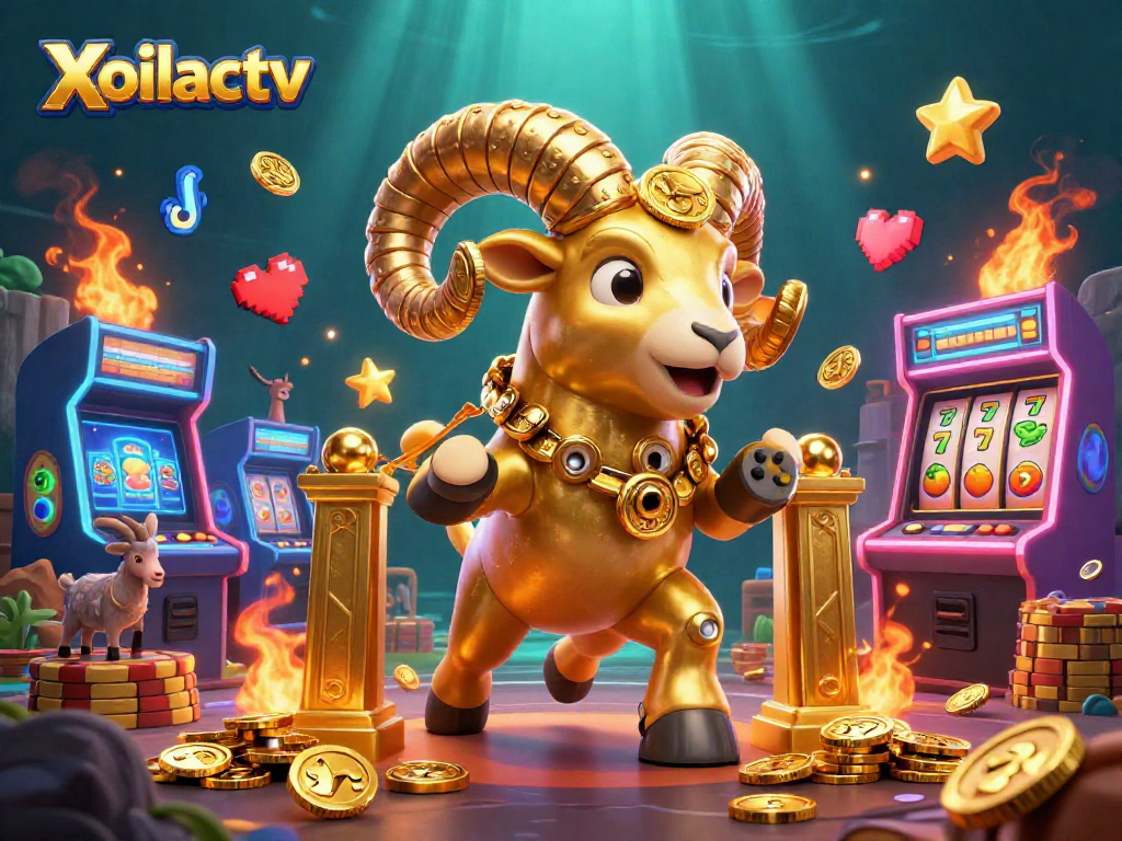 Xoilactv showcases a vibrant 3D casino adventure with golden ram, slot reels, and arcade games.