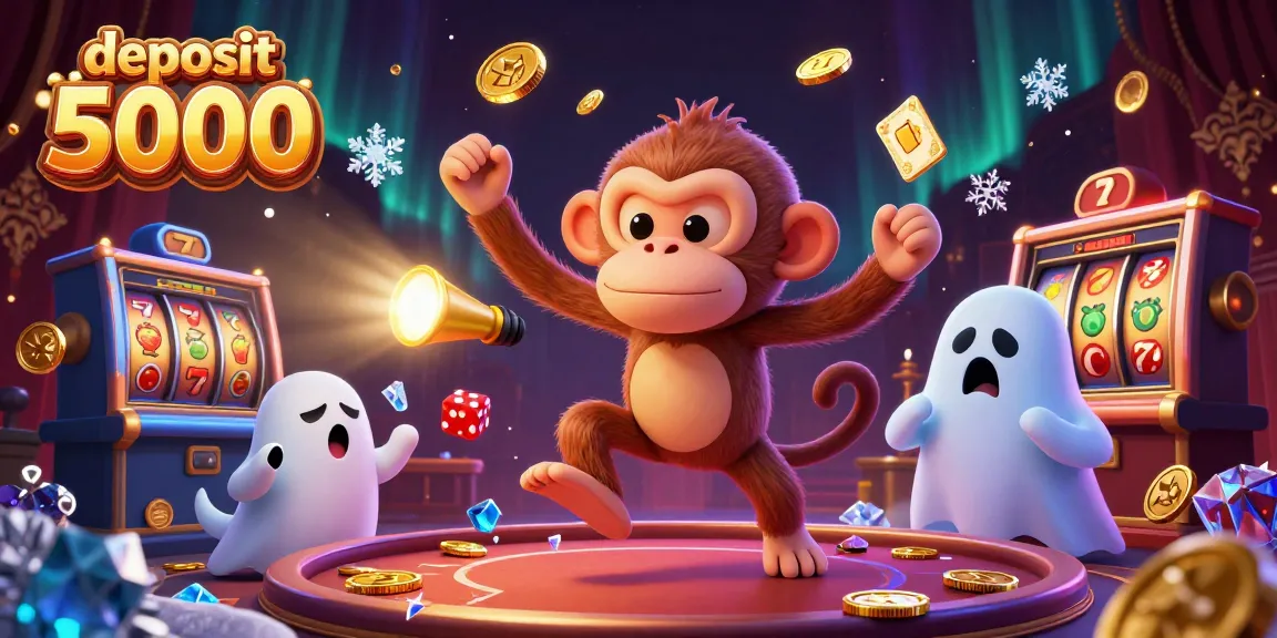 Engage with the excitement of deposit 5000 in slots as golden coins and characters fill a haunted casino scene.