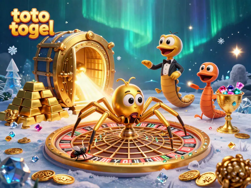 Engage in thrilling toto togel action with a golden spider and centipede croupier in a vibrant casino scene.
