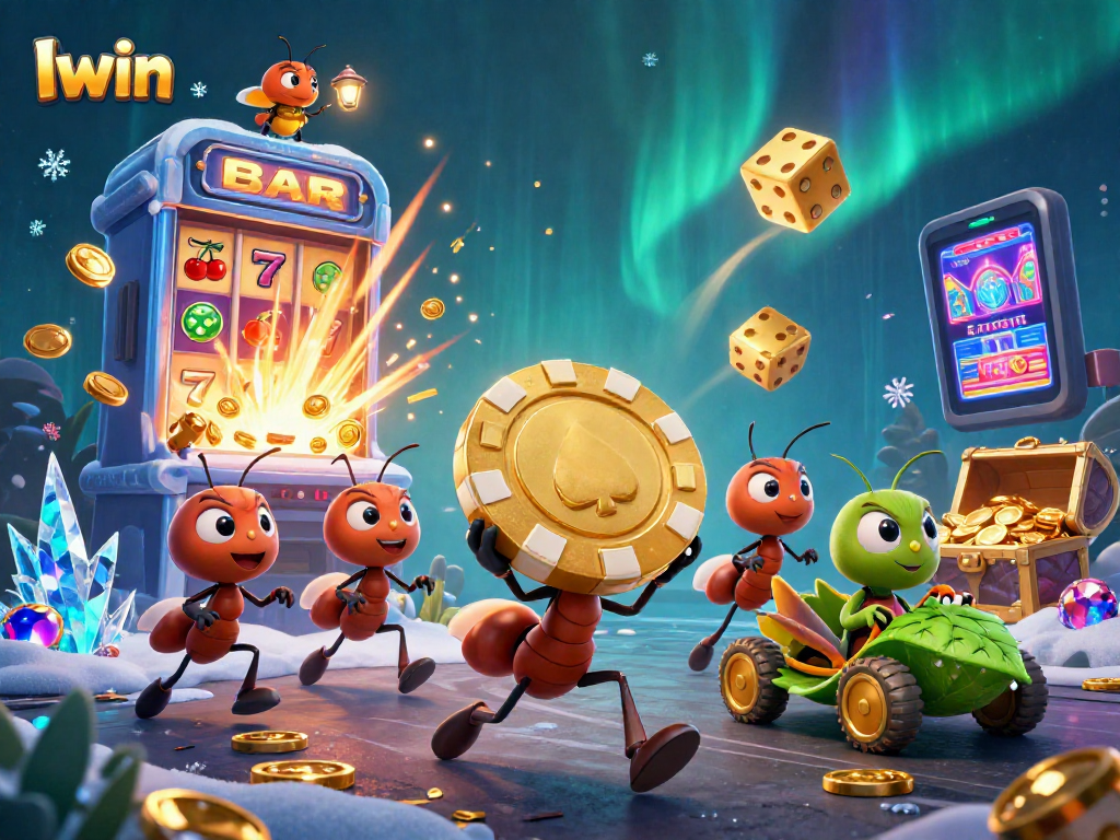 Iwin captivates with a dynamic heist scene featuring ants and a grasshopper amidst a jackpot explosion.
