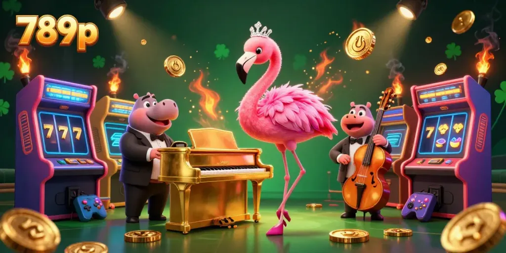 Experience the vibrant 789p casino scene with flamingo singer, hippo bassist, and arcade elements.