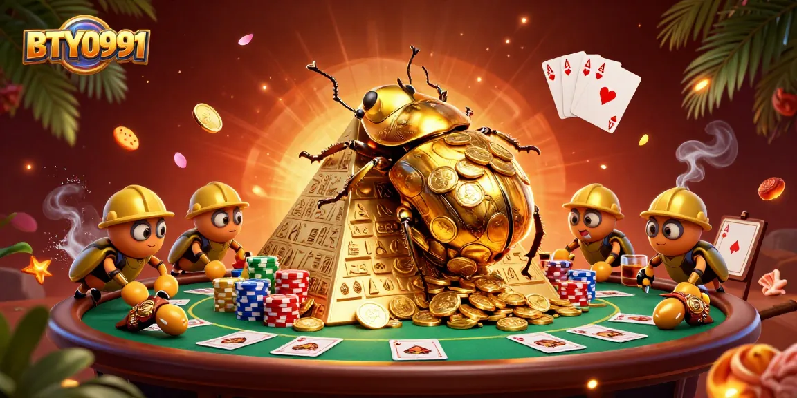 BTY0991 showcases a golden beetle and casino elements in a vibrant 3D illustration