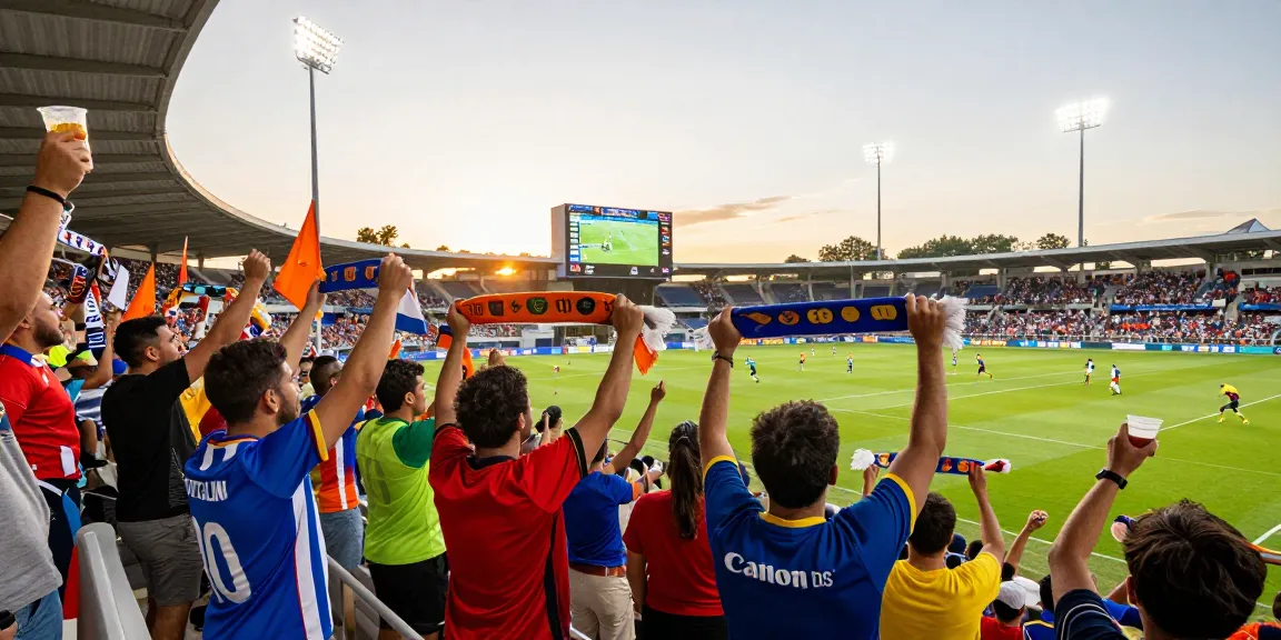 Excited fans at a live football match celebrating with رابط مباريات اليوم in the background.