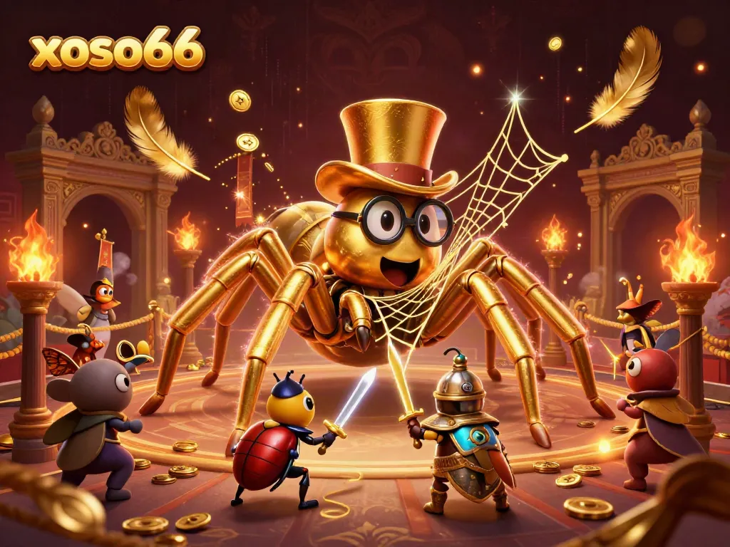 Experience thrilling gaming adventures at xoso66, featuring a golden spider and heroic knight in a vibrant casino setting.
