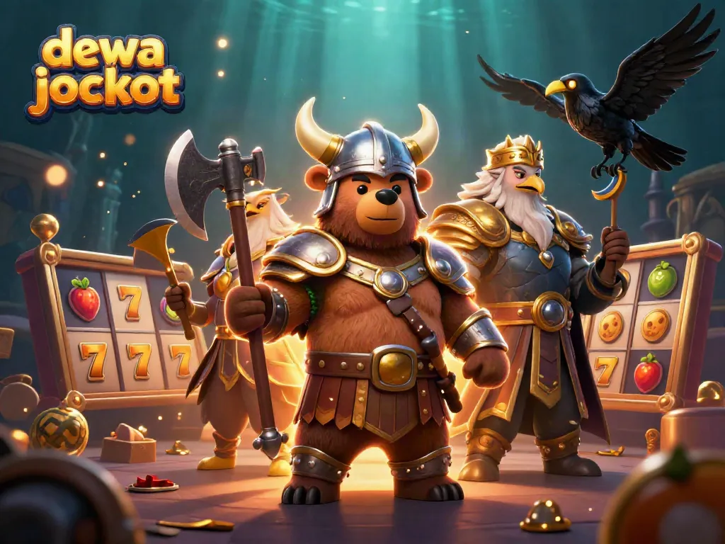 Visualisasi dewa jackpot dengan beruang Viking, elang Valkyrie, dan elemen slot dalam suasana menegangkan.