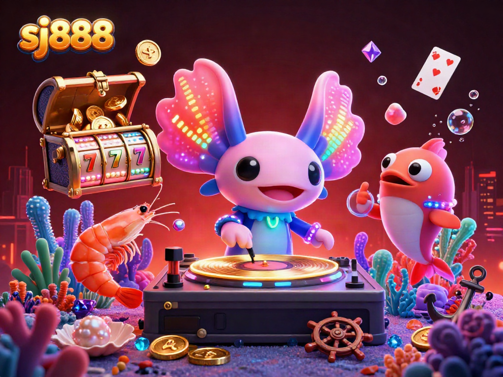 Savor wins with sj888 as a neon axolotl DJ spins on underwater turntables amidst vibrant gambling elements.