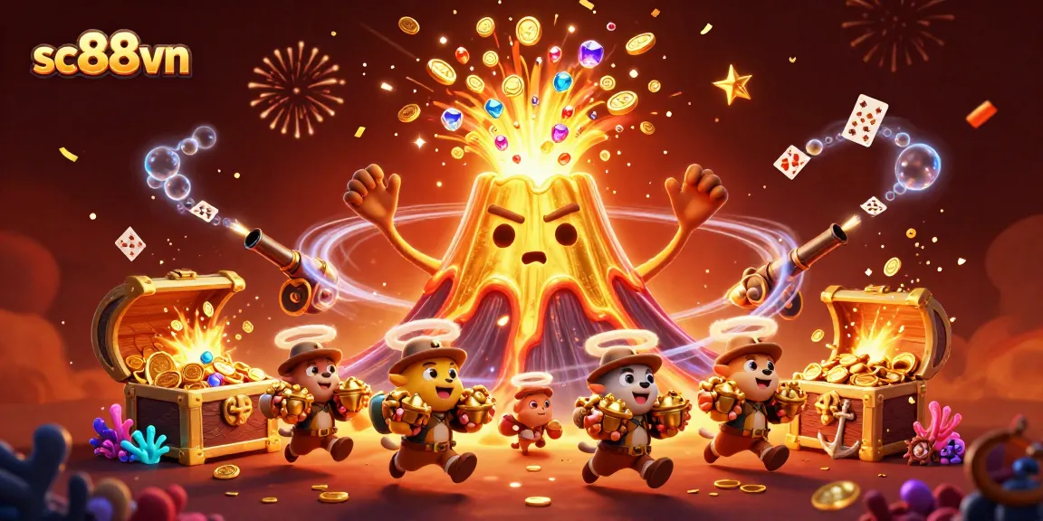 Engage with the excitement of sc88vn's casino world as treasure erupts from a golden volcano, surrounded by thrilling game elements.