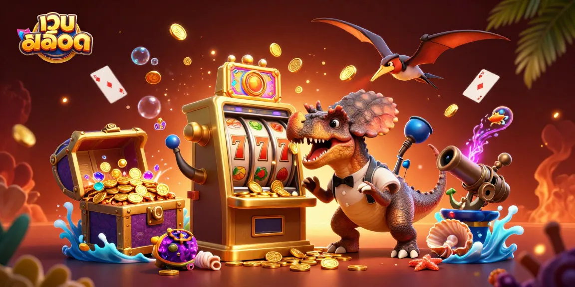 Experience big wins at เว็บสล็อต as a cartoon dinosaur hits a jackpot while coins rain down.