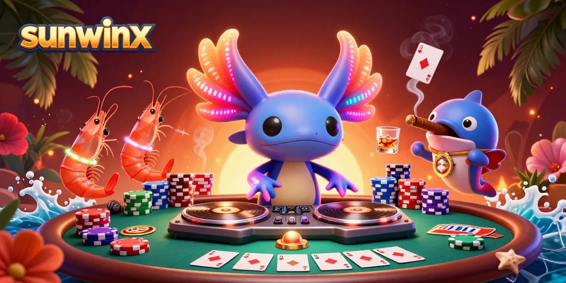 Experience sunwinx with a vibrant gambling scene featuring animated characters and poker table elements.