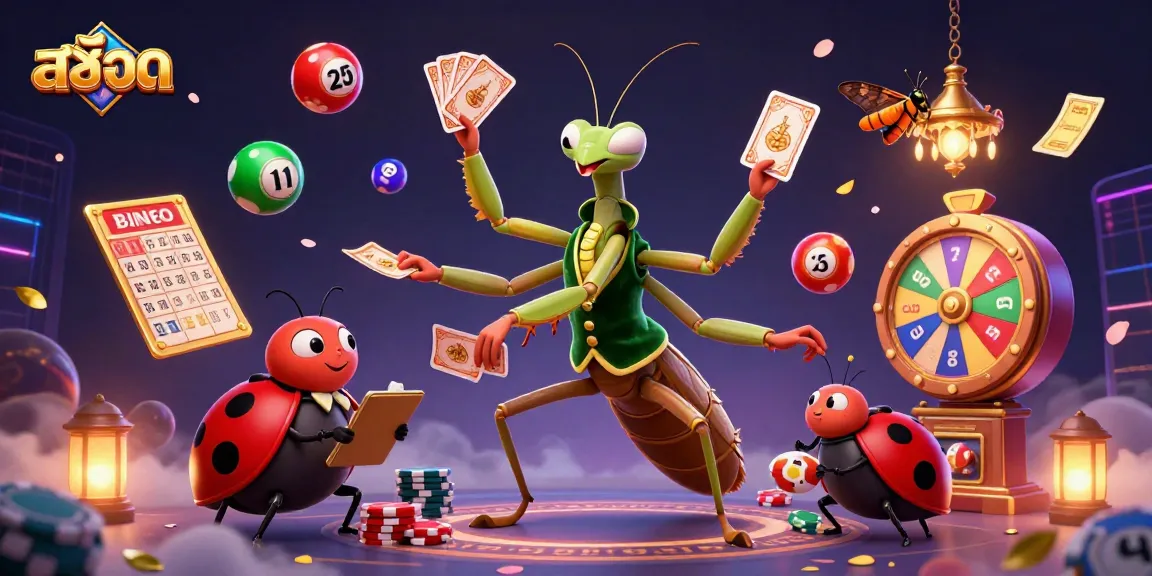Experience สล็อต gaming excitement with a giant praying mantis card sharp amidst dynamic casino elements.