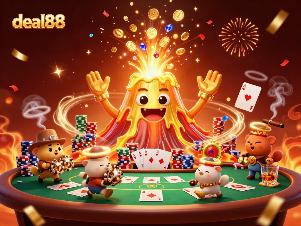 Experience deal88 excitement with a golden volcano erupting coins over a vibrant poker scene