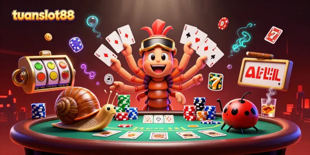 Permainan slot di tuanslot88 dengan dealer kartun dan tumpukan chip besar.