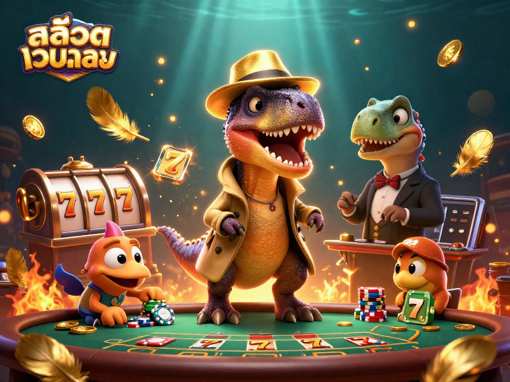 Experience thrilling สล็อตเว็บตรง action with a clever velociraptor in disguise at a casino table.