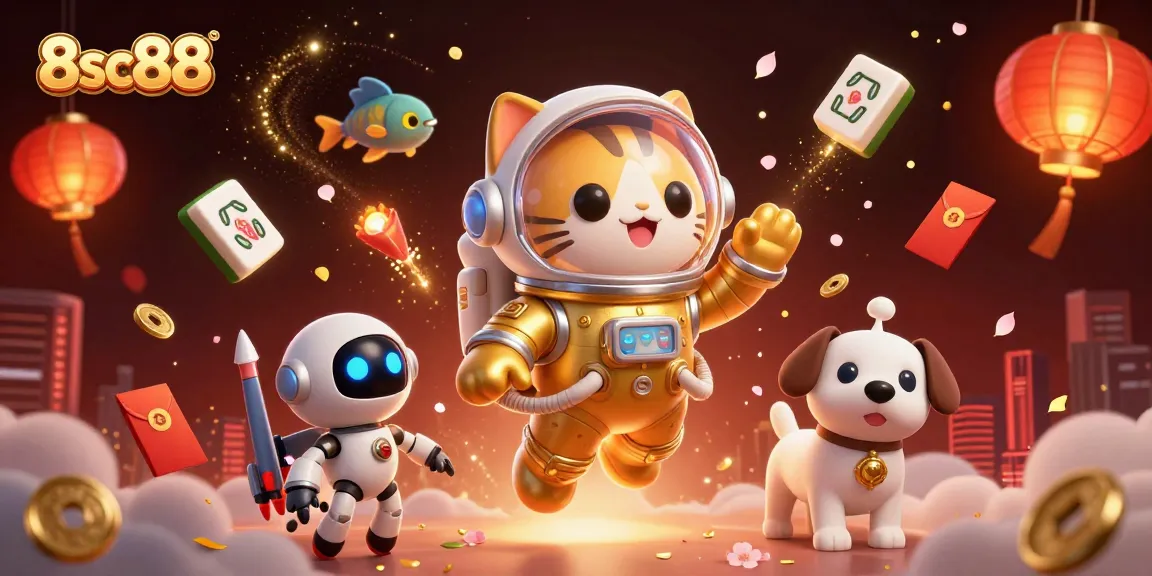 8sc88 showcases vibrant 3D space-themed casino illustration with a cat astronaut and a robot dog amidst golden gaming elements.