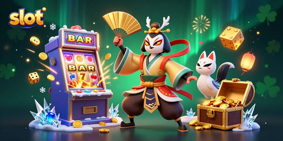 Experience thrilling slot action with a vibrant 3D scene showcasing a kabuki warrior, a kitsune mask, and a jackpot explosion.