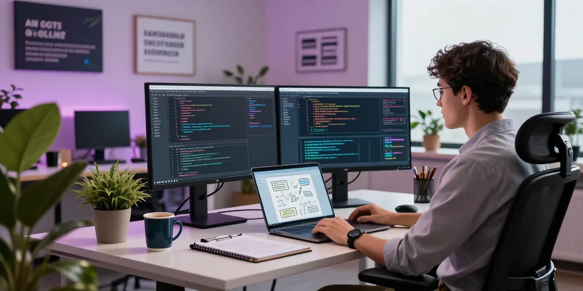 Dynamic workspace showcasing a developer coding for AI agents with dual monitors and modern tech tools.