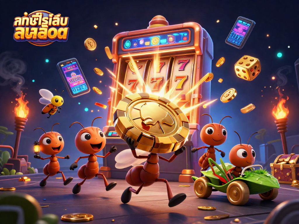 Engage in ทดลองเล่นสล็อต with animated ants heist carrying a giant poker chip and casino symbols
