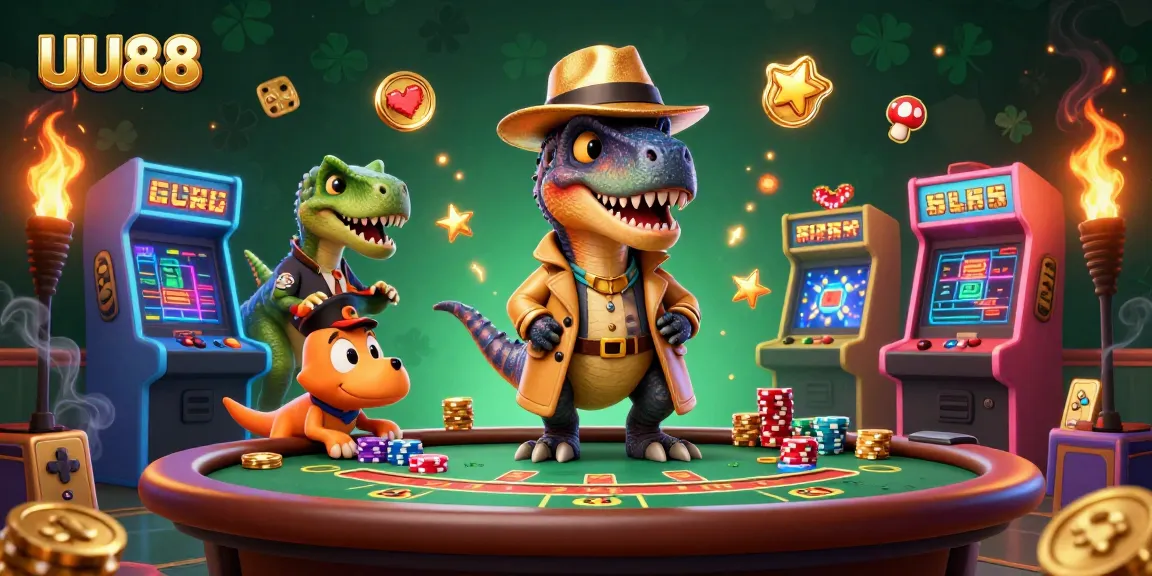 Experience the thrill of UU88 gaming with a velociraptor at the blackjack table and lively casino elements.