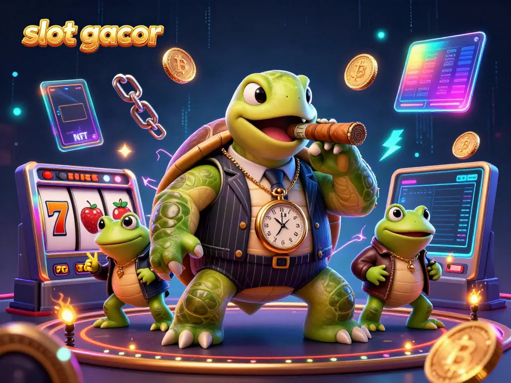 Engage with the vibrant slot gacor gaming world in a dynamic casino scene featuring a snapping turtle and bullfrog enforcers.
