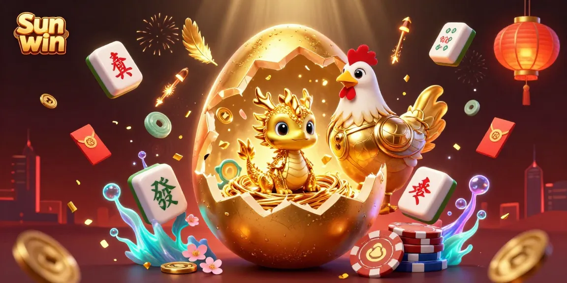 Engage in the dynamic world of Sun win, as a golden dragon symbolizes treasures amid vibrant casino elements.