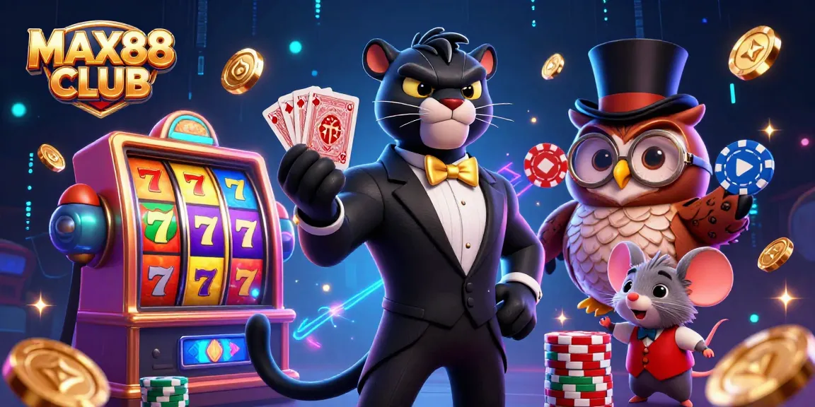 Experience the thrill of gaming at MAX88 CLUB with engaging slot reels and colorful characters.
