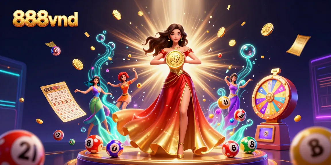 Experience excitement at 888vnd with a stunning illustration of a woman holding a golden coin, showcasing a vibrant gaming atmosphere.