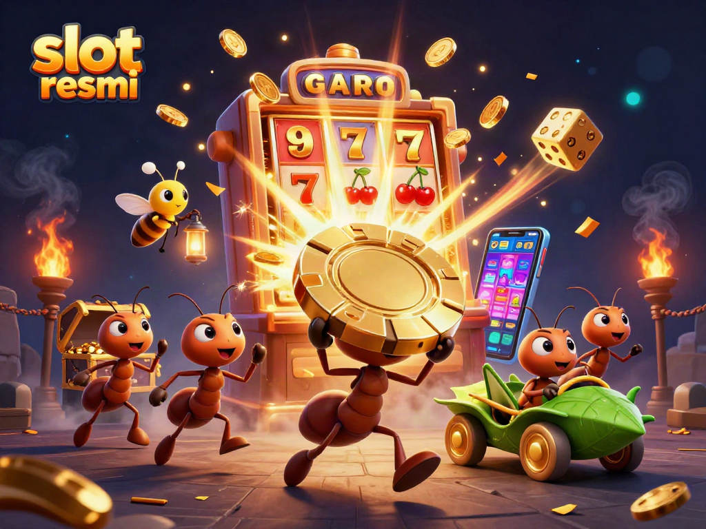 Experience the thrill of slot resmi adventures with a heist team of ants amid a vibrant casino scene.