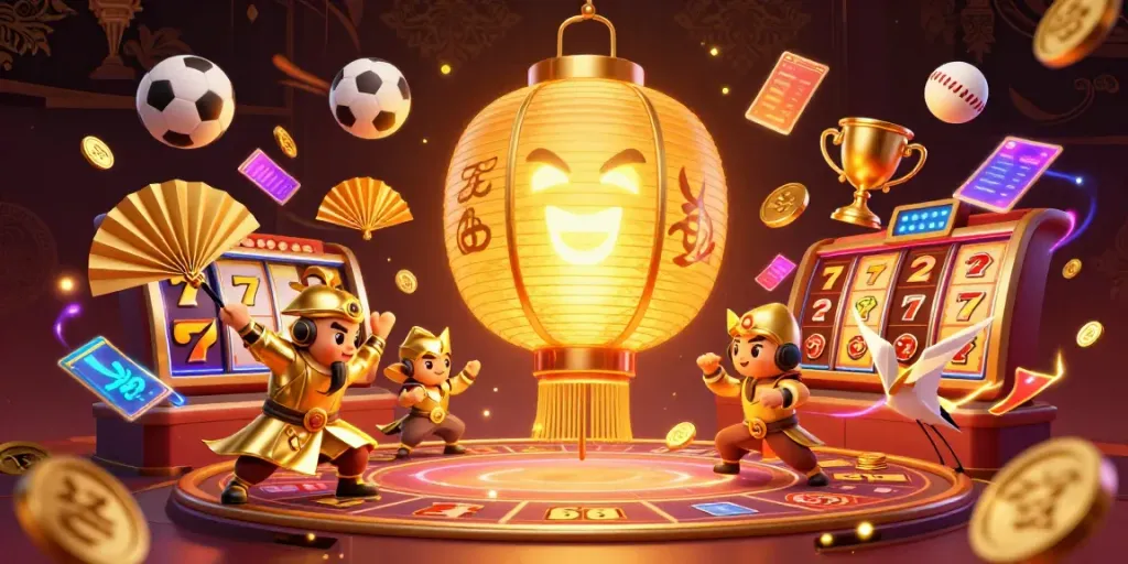 Engage with mahadewa88 in this vibrant, immersive online casino illustration featuring golden themes and slot elements.