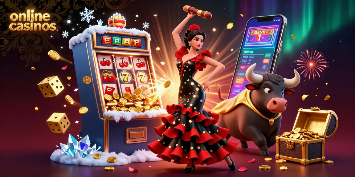 Experience vibrant online casinos action with a flamenco dancer and a golden bull amid jackpots and games.