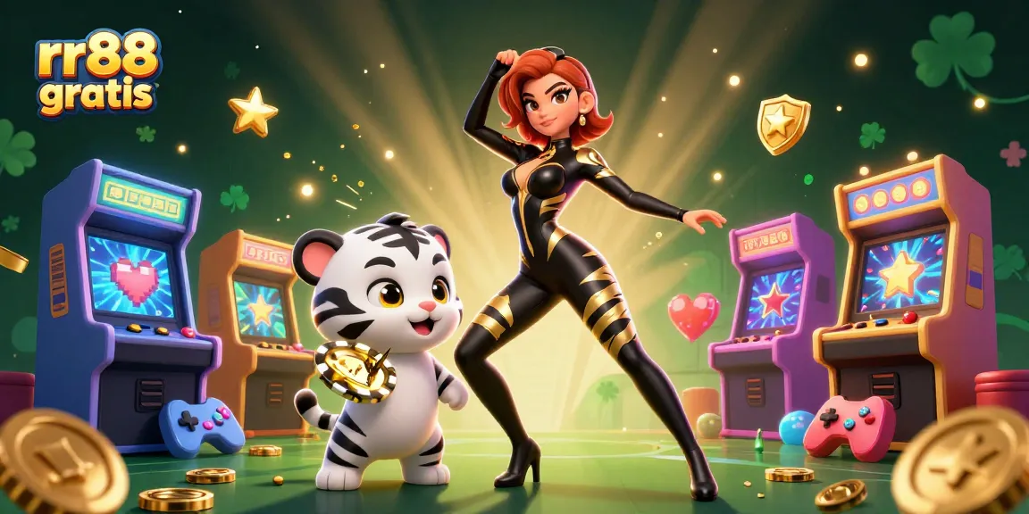 Spin and win on rr88 gratis with vibrant 3D casino gaming scene featuring a stylish player and a playful tiger.
