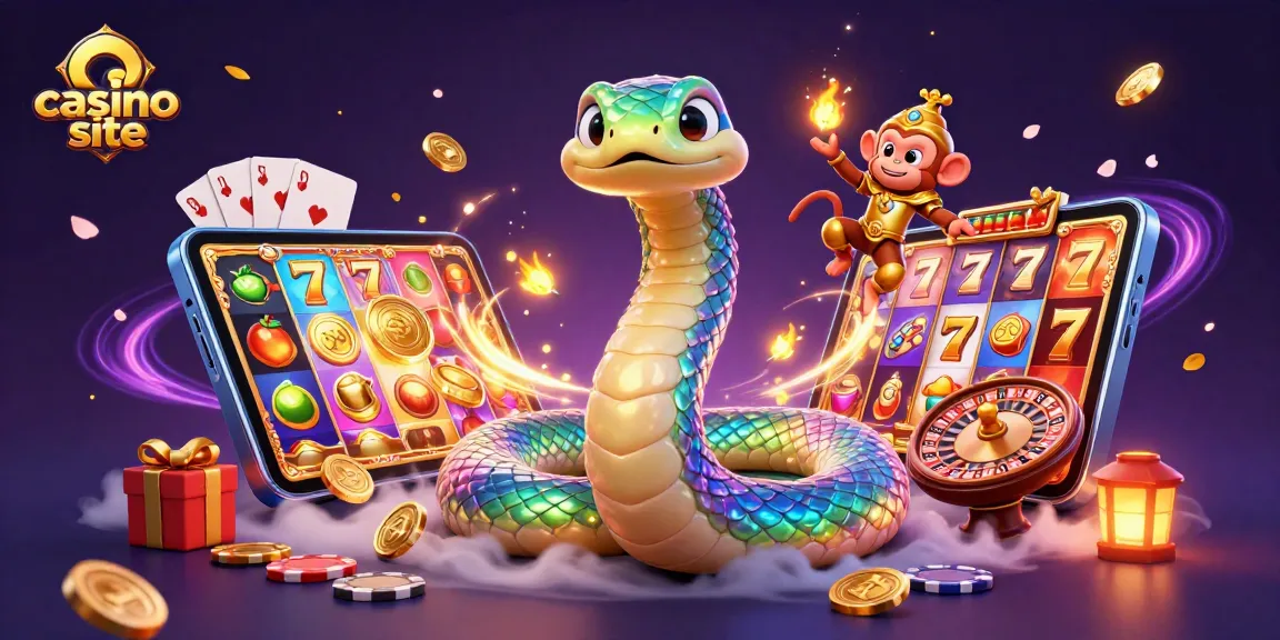 Engage with a vibrant casino site showcasing a rainbow serpent and monkey king amidst dynamic gaming visuals.