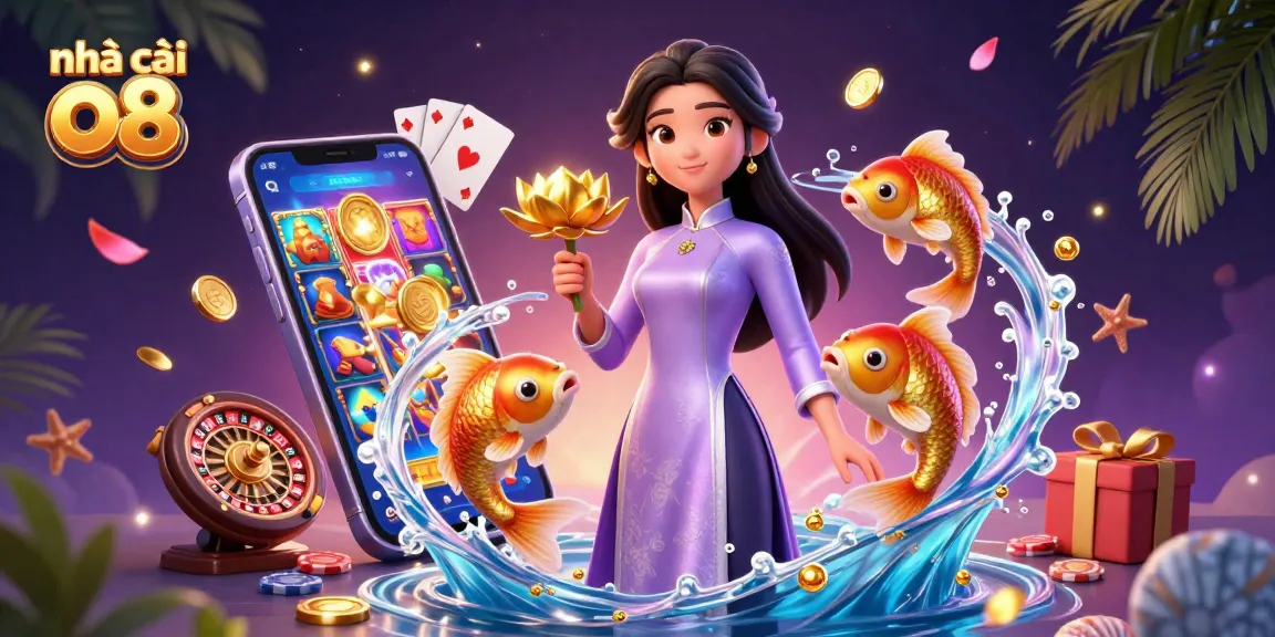 Engage in thrilling luck at nhà cái o8 with vibrant casino games amid golden koi fish.