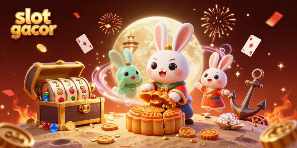 Slot gacor menghadirkan ilustrasi 3D kartun yang meriah dengan domba bulan menghancurkan bulan kue mengungkapkan chip poker.