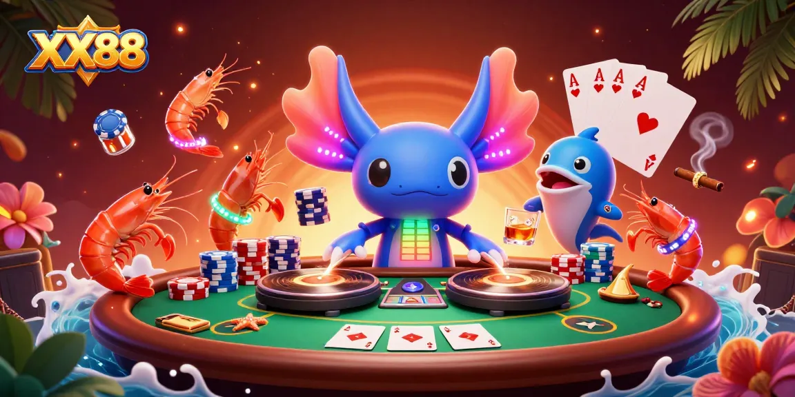 Experience thrilling gameplay with XX88 as a neon axolotl DJ spins at a vibrant casino party.